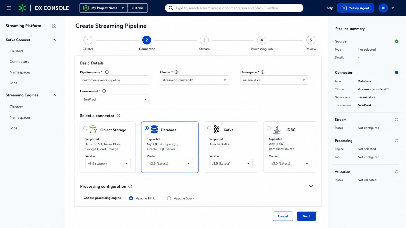Public-safe DX workflow for creating a cluster, connector, stream, and processing job